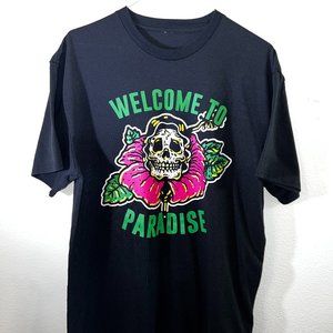 Graphic Skull T-Shirt, Welcome to Paradise  - Black, Men's Large